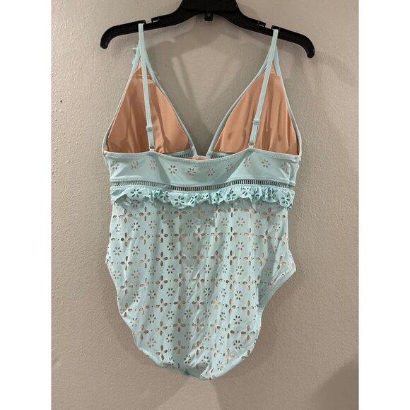 J.Crew Swimsuit Scallop Ruffle Eyelet One Piece plunging size 14 color Teal - Picture 3 of 7